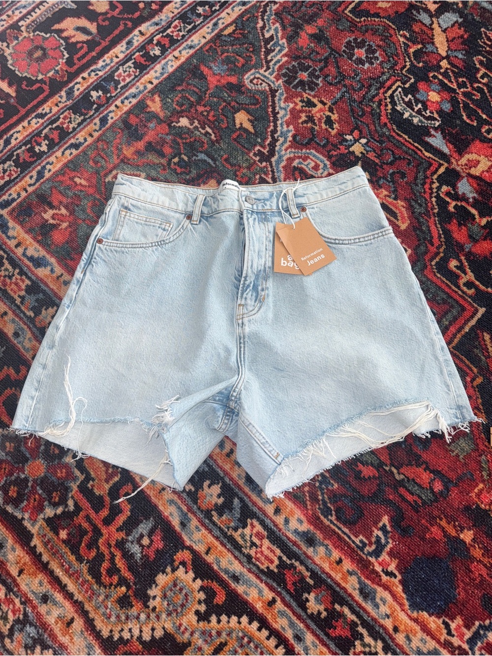Reformation Pale Blue Frayed Denim Cutoff Shorts